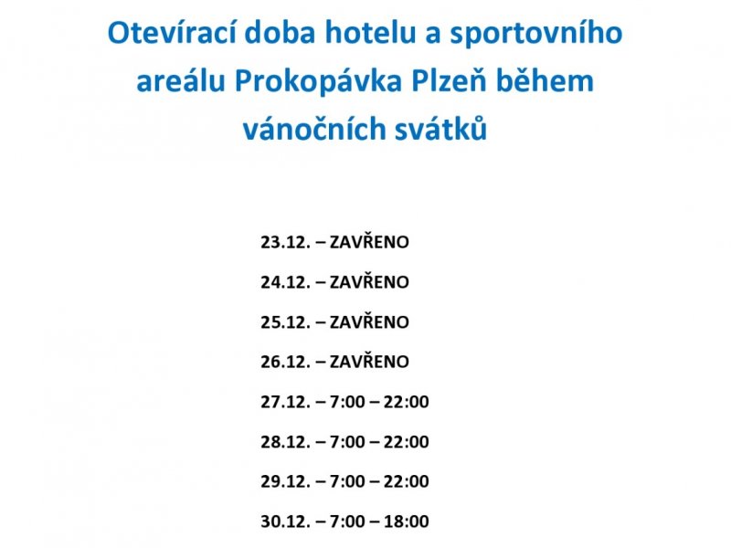 Otevírací doba sportovního areálu a hotelu během vánočních svátků